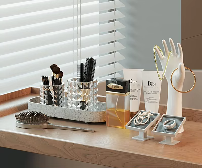 Perfume Cosmetics Display with Makeup Brushes Lotion Tubes and Jewelry on Wooden Vanity Tray 3d model