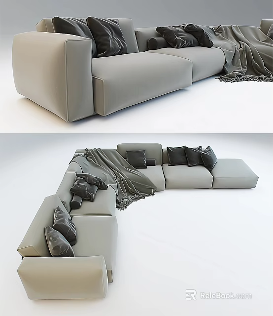 Modern Gray Sectional Sofa With Soft Cushions And Cozy Throw Blanket 3d model