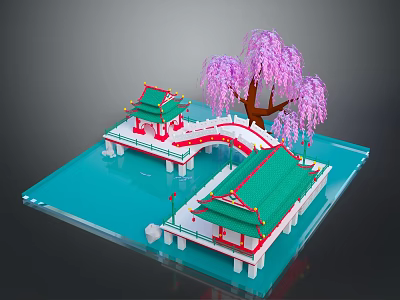 Traditional Chinese Garden Miniature Model With Green Roof Pavilions Red Bridge And Pink Blossom Tree 3d model