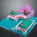 Traditional Chinese Garden Miniature Model With Green Roof Pavilions Red Bridge And Pink Blossom Tree