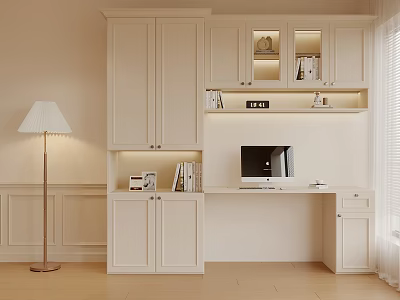 Modern White Desk with Cabinets and Bookshelves Floor Lamp in Bright Wooden Floor Room 3d model