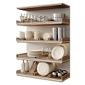 Modern Organized Tableware Set On Wooden Shelves 3d model