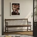 Wooden Bench In Indoor Living Space With Wall Painting And Green Plant