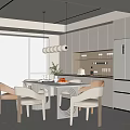 Modern Dining Room Interior With White Dining Table Chairs Pendant Lights And Cabinets 3d model