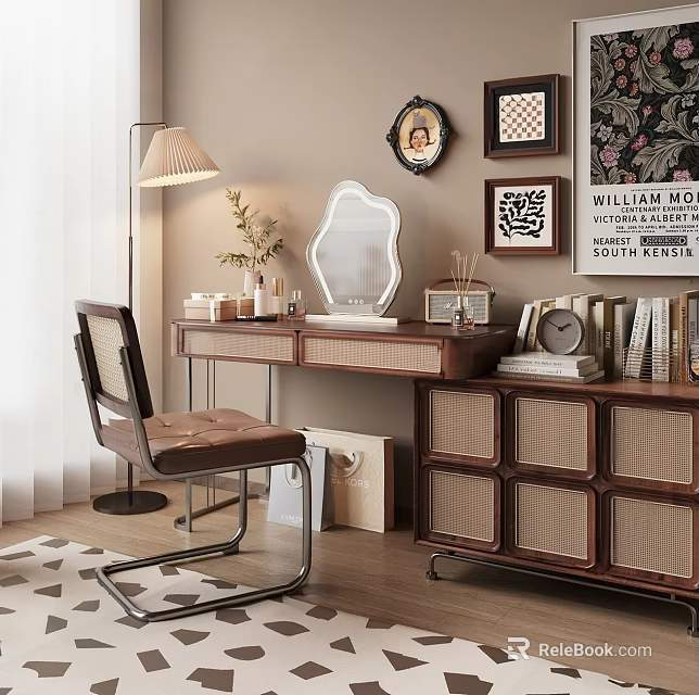 Elegant Wooden Dressing Table with Leather Chair Mirror Framed Art Floor Lamp and Books 3d model 