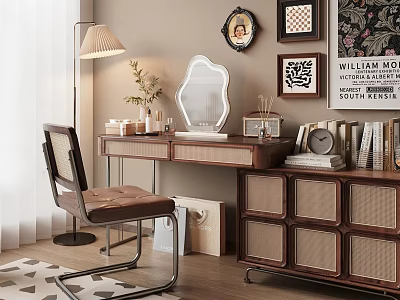 Elegant Wooden Dressing Table with Leather Chair Mirror Framed Art Floor Lamp and Books 3d model