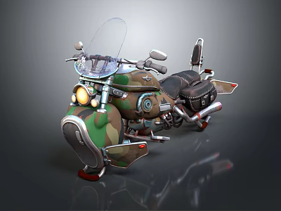 Camouflage Vintage Motorcycle With Windshield Black Seat And Metal Parts On Reflective Surface 3d model
