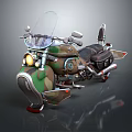 Camouflage Vintage Motorcycle With Windshield Black Seat And Metal Parts On Reflective Surface