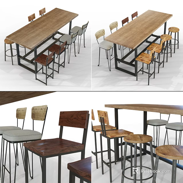 Contemporary Wooden Dining Table And Chair Set With Metal Frames And Mixed Chair Styles 3d model 
