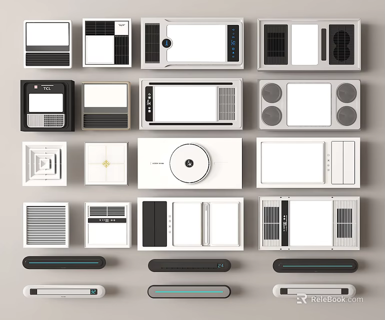 Modern Bathroom Accessories Collection With Control Panels Ventilation Grilles And Lighting Units 3d model 