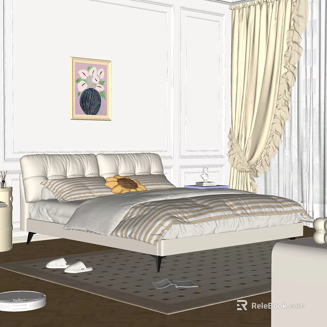 Elegant Double Bed with White Leather Headboard Striped Bedspread Sunflower Pillow and Beige Curtains 3d model 