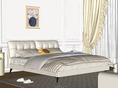 Elegant Double Bed with White Leather Headboard Striped Bedspread Sunflower Pillow and Beige Curtains 3d model