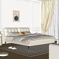 Elegant Double Bed with White Leather Headboard Striped Bedspread Sunflower Pillow and Beige Curtains