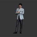 Man In Light Blue Blazer And Dark Pants Standing On Gray Background Using Hands 3d model