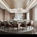 Elegant Modern Private Dining Room Interior With Round Table Chandelier And Curtained Windows 3d model