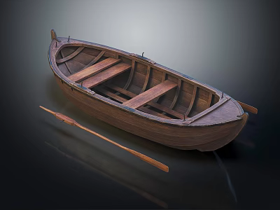 Classic Handcrafted Wooden Boat With Wooden Seats And Single Oar 3d model