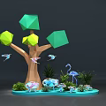 Low Poly Scene With Geometric Tree Green Yellow Leaves Flying Birds Blue Flamingo And Plants