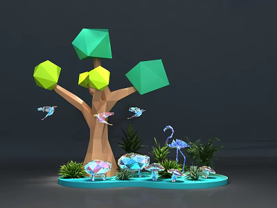 Low Poly Scene With Geometric Tree Green Yellow Leaves Flying Birds Blue Flamingo And Plants 3d model