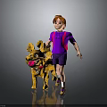 Smiling Boy In Purple Outfit Standing With Yellow Dog Creature Character