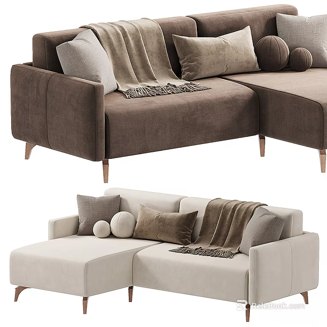 Modern Sectional Sofa With Soft Fabric Pillows Throw Blanket And Neutral Tones 3d model