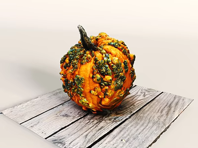 Fresh Orange Pumpkin With Green Spots On Light Wood Grain Wooden Tray 3d model