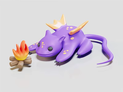 Purple Lizard Like Toy Creature with Small Campfire and Orange Flames 3d model