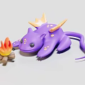 Purple Lizard Like Toy Creature with Small Campfire and Orange Flames