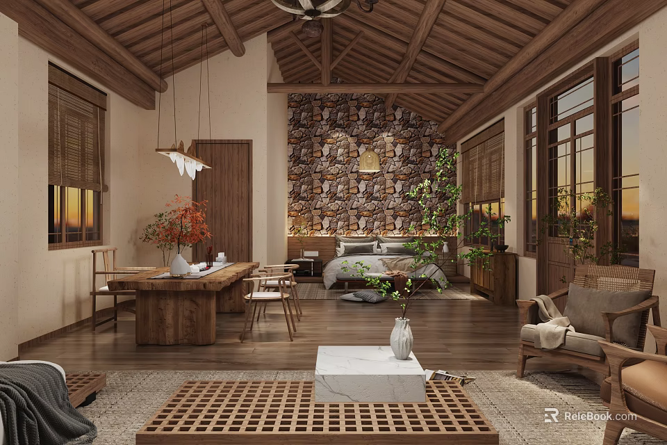 Chinese Style Interior Design With Wooden Ceiling Stone Wall And Green Plants 3d model 