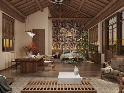 Chinese Style Interior Design With Wooden Ceiling Stone Wall And Green Plants 3d model