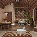 Chinese Style Interior Design With Wooden Ceiling Stone Wall And Green Plants