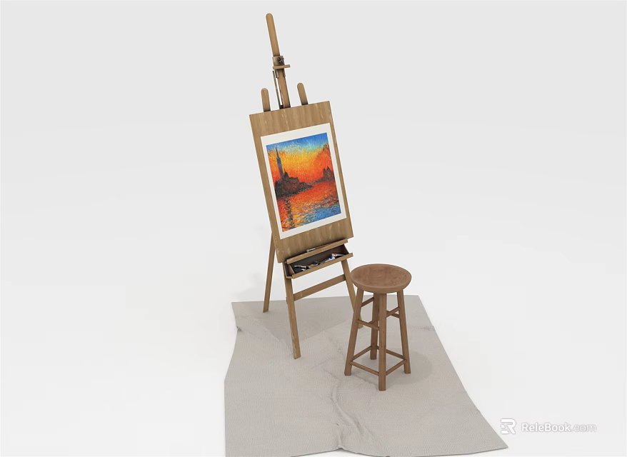 Wooden Easel and Stool Art Studio Furniture Setup with Canvas Painting and Cloth Base 3d model 