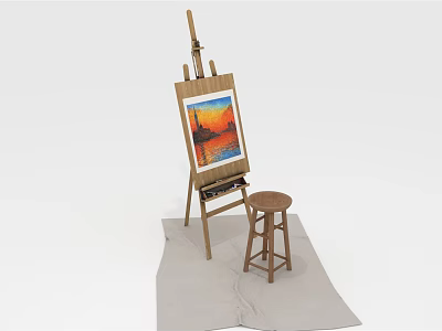 Wooden Easel and Stool Art Studio Furniture Setup with Canvas Painting and Cloth Base 3d model