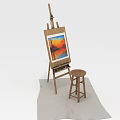 Wooden Easel and Stool Art Studio Furniture Setup with Canvas Painting and Cloth Base