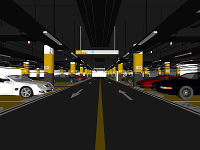 Well Lit Parking Garage With Yellow Pillars Directional Arrows And Parked Vehicles 3d model