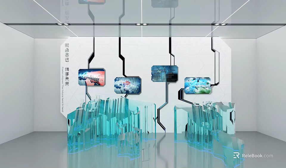 Modern Interior With Transparent Blue Geometric Structures And Hanging Digital Screens 3d model