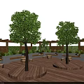 Serene Outdoor Deck Area With Wooden Flooring Trees And Seating Benches