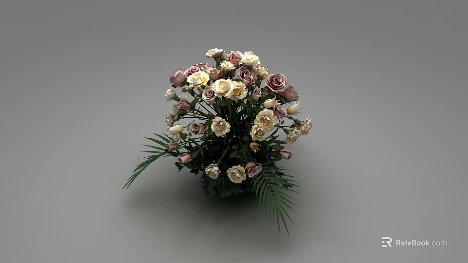 Dark Colored Vase Flower Arrangement With Full Pink White Beige Roses And Green Leaves 3d model 