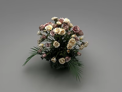 Dark Colored Vase Flower Arrangement With Full Pink White Beige Roses And Green Leaves 3d model