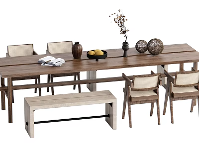 Wooden Dining Table Set with Chairs Bench Decorative Vase Fruit Bowl and Ornaments 3d model