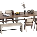 Wooden Dining Table Set with Chairs Bench Decorative Vase Fruit Bowl and Ornaments