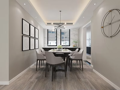 Modern Dining Room Interior With Wooden Flooring Dining Table Chairs Chandelier And Decorative Paintings 3d model
