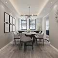 Modern Dining Room Interior With Wooden Flooring Dining Table Chairs Chandelier And Decorative Paintings