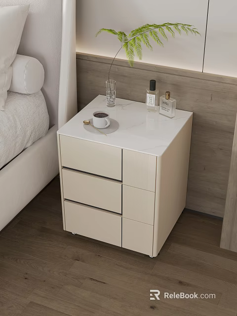 Modern Bedside Table With White Top Drawers Coffee Cup Glass And Perfume Bottles 3d model 