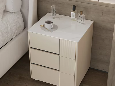 Modern Bedside Table With White Top Drawers Coffee Cup Glass And Perfume Bottles 3d model