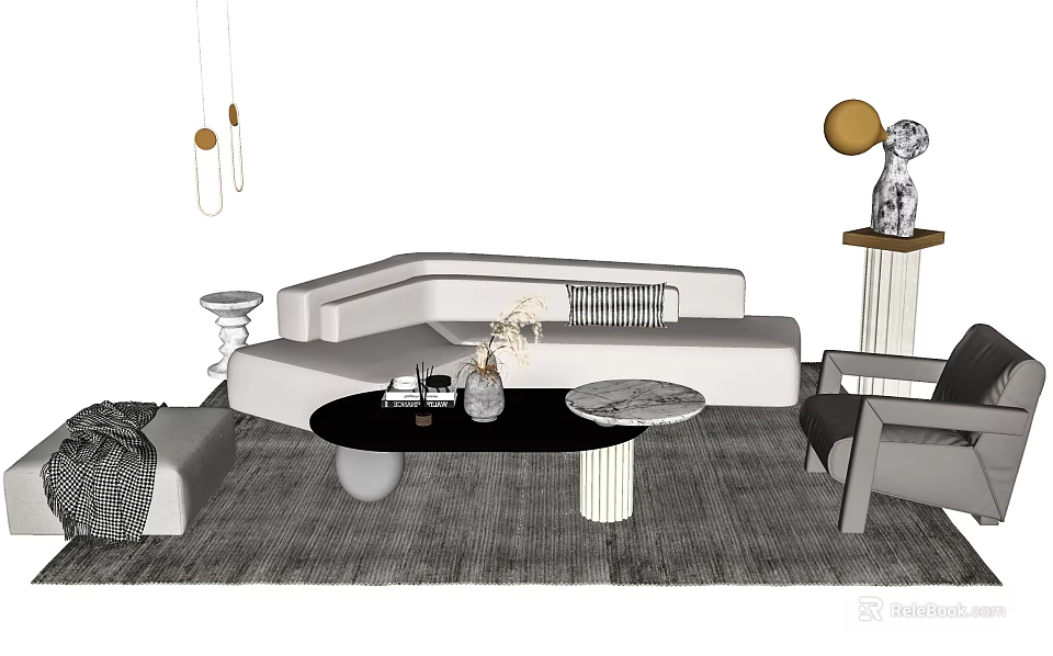 Modern Sofa Coffee Table Combination With Marble Top Decorative Items And Gray Rug 3d model