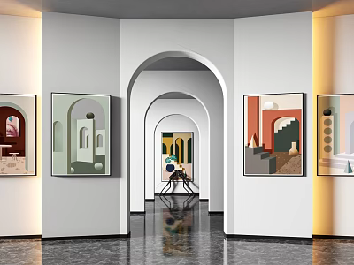 Modern Art Gallery Interior With Archway Design And Colorful Artworks 3d model