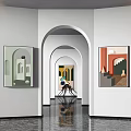 Modern Art Gallery Interior With Archway Design And Colorful Artworks