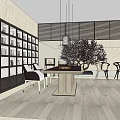 Modern Tea Table And Chairs Interior With Wall Shelves Hanging Lights And Bonsai Tree