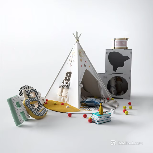 Kids' White Tipi Tent with Star Patterns Surrounded by Colorful Balls Building Blocks and Books 3d model 