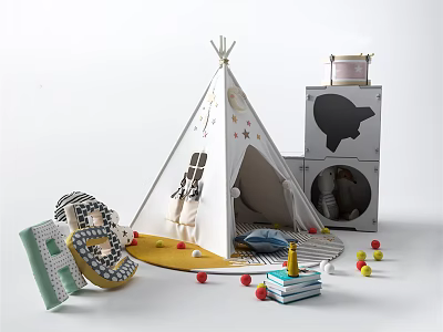 Kids' White Tipi Tent with Star Patterns Surrounded by Colorful Balls Building Blocks and Books 3d model